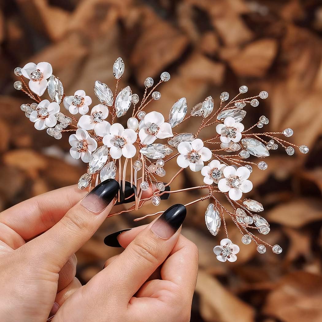IYOU Bridal Wedding Hair Comb Silver Flower Rhinestone Sparkly Crystal Bride Leaf Side Combs Pearl Hair Accessories for Women 3pcs (ROSE GOLD)