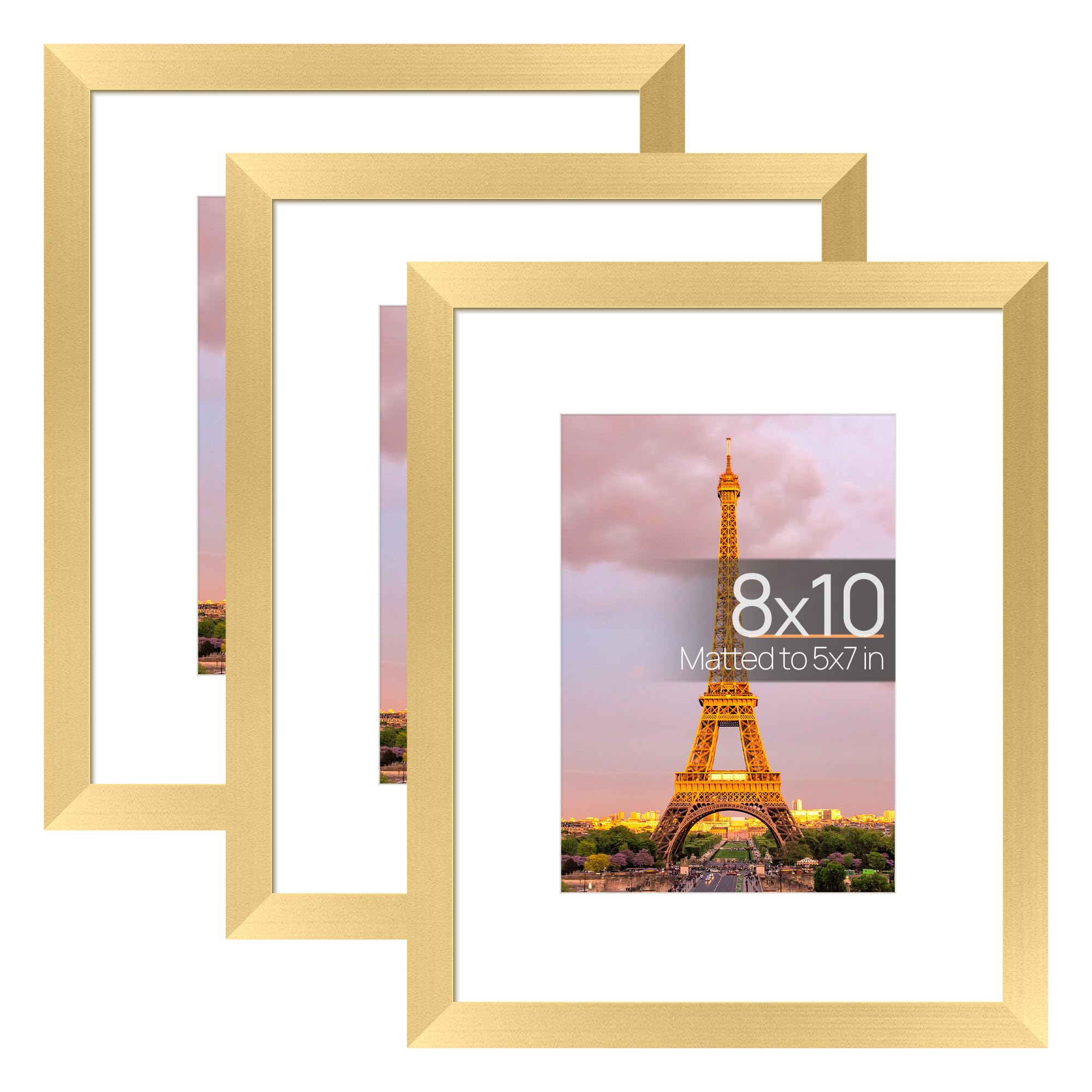 Photo 1 of ***UNKNOWN DAMAGES*** upsimples 8x10 Picture Frame Set of 3, Made of High Definition Glass for 5x7 with Mat or 8x10 Without Mat, Wall and Tabletop Display Photo Frames, Gold