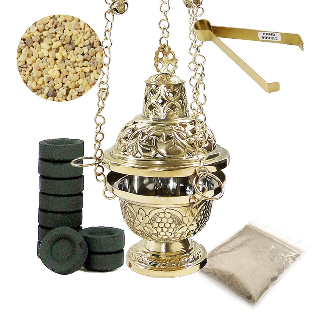NKlaus 5pcs. incense burner set incense burner brass with 100g Eritrea incense coal tongs 40636
