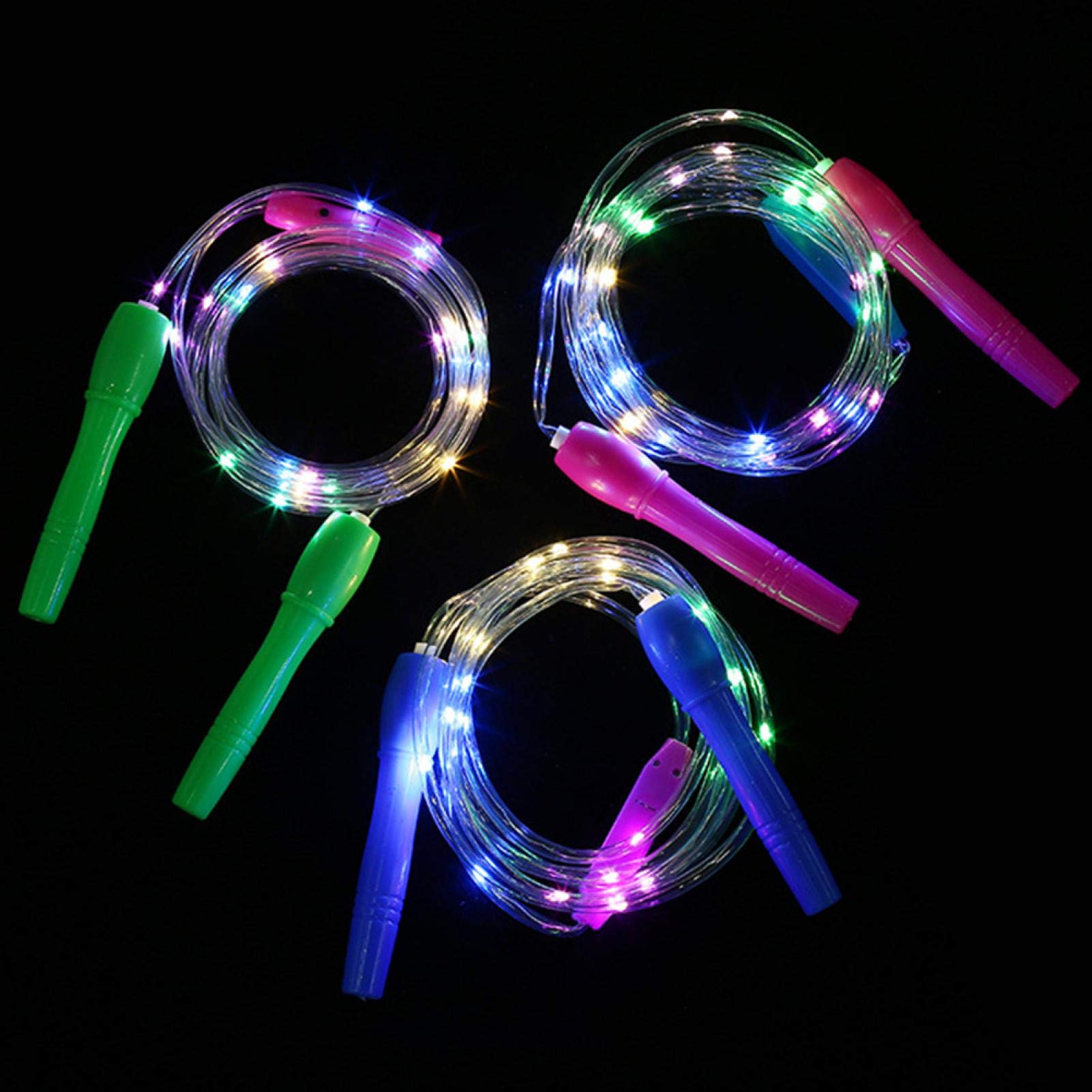 QOTSTEOS Jump Rope, 3pcs Glowing LED Light Up Fitness Rope, Adjustable Length, Plastic Handle, Random Color, Fast/Slow Flashing Modes, For Exercise and Party