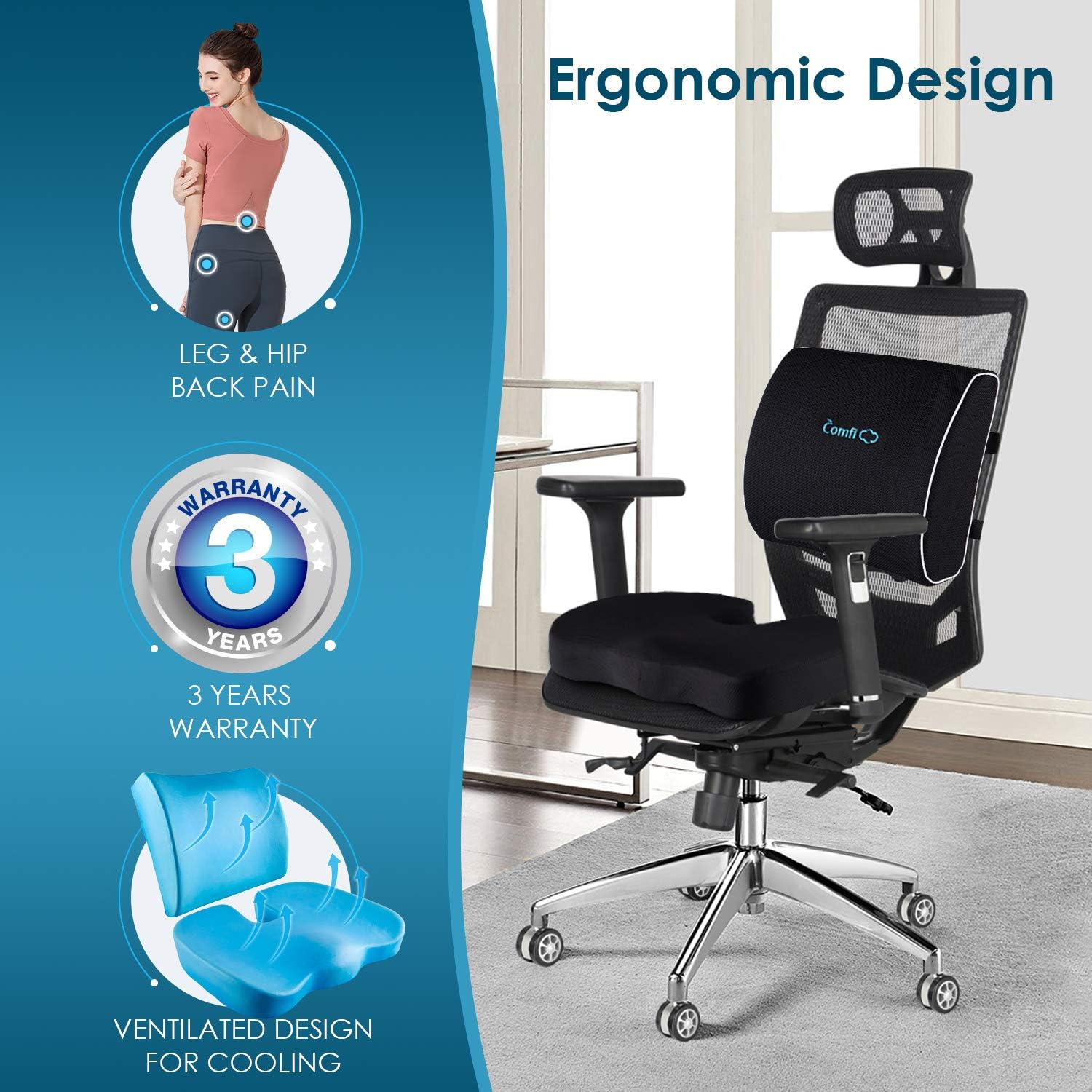 Coccyx Seat Cushion and Lumbar Support Pillow for Office Chair-Gel Infused,Orthopedic Car Seat Cushion Memory Foam Back Support Cushion for Lower Back Pain,Tailbone & Sciatica Pain Relief Black: Home & Kitchen