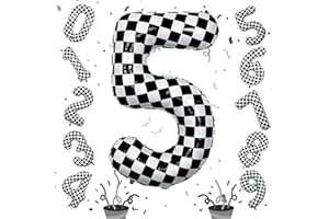 ISNDARE 40 Inch Checkered 5 Number Balloons, Large Foil Self Inflating 5th Birthday Racing Balloons Decor, Black and White Checkered 5 Ballons for Boys 5th Birthday Race Car Flag Party Decorations Supplies
