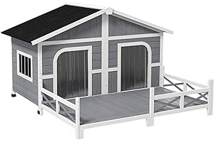 PawHut Dog House Outdoor Double Large Wooden Dog Kennel Weatherproof with Porch, Openable Roof, Removable Bottom, for Small to Medium Dogs, Gray