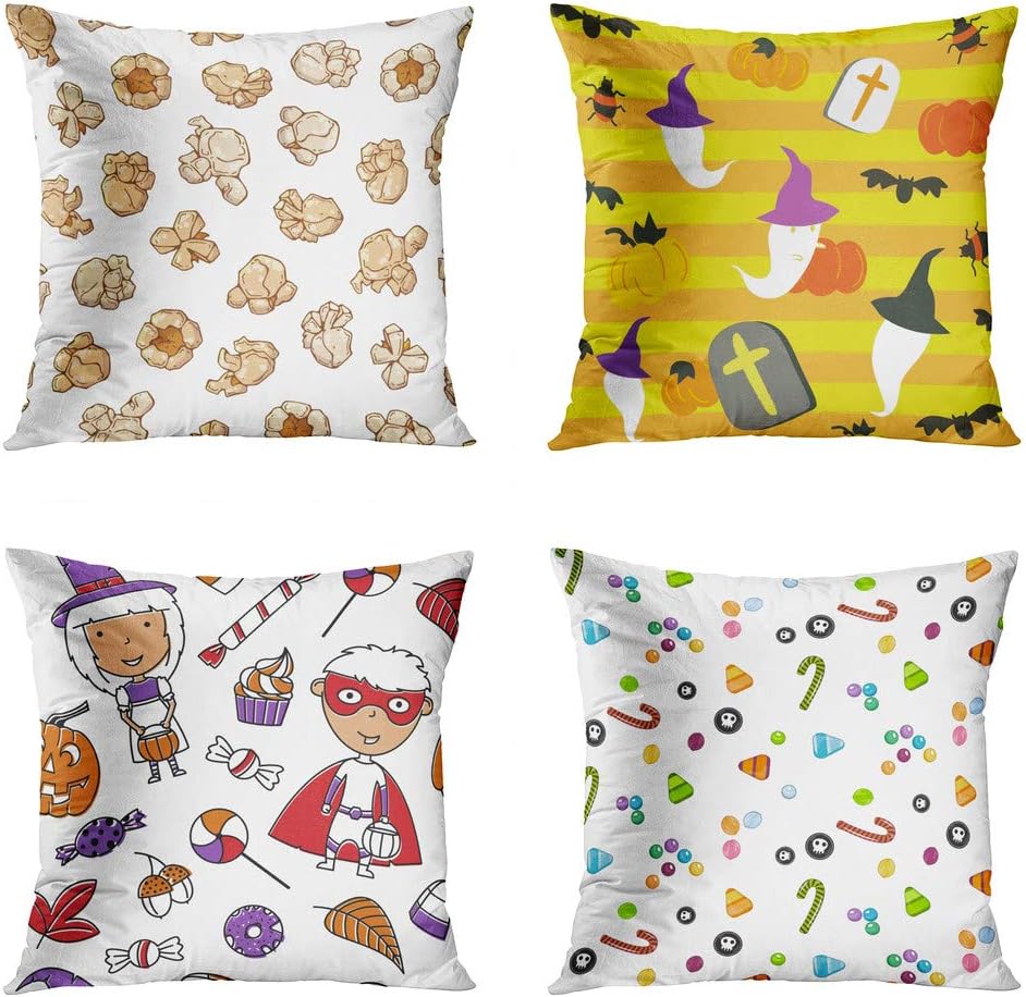 Moladika Set of 4 Throw Pillow Covers 16x16 Inch Square S Snacks Theme Popcorn Cute Halloween Pumpkin Bat Happy Girl Boy Costumes Sweets Candy Texture Cushion Home Decor Sofa Bedroom Pillowcase