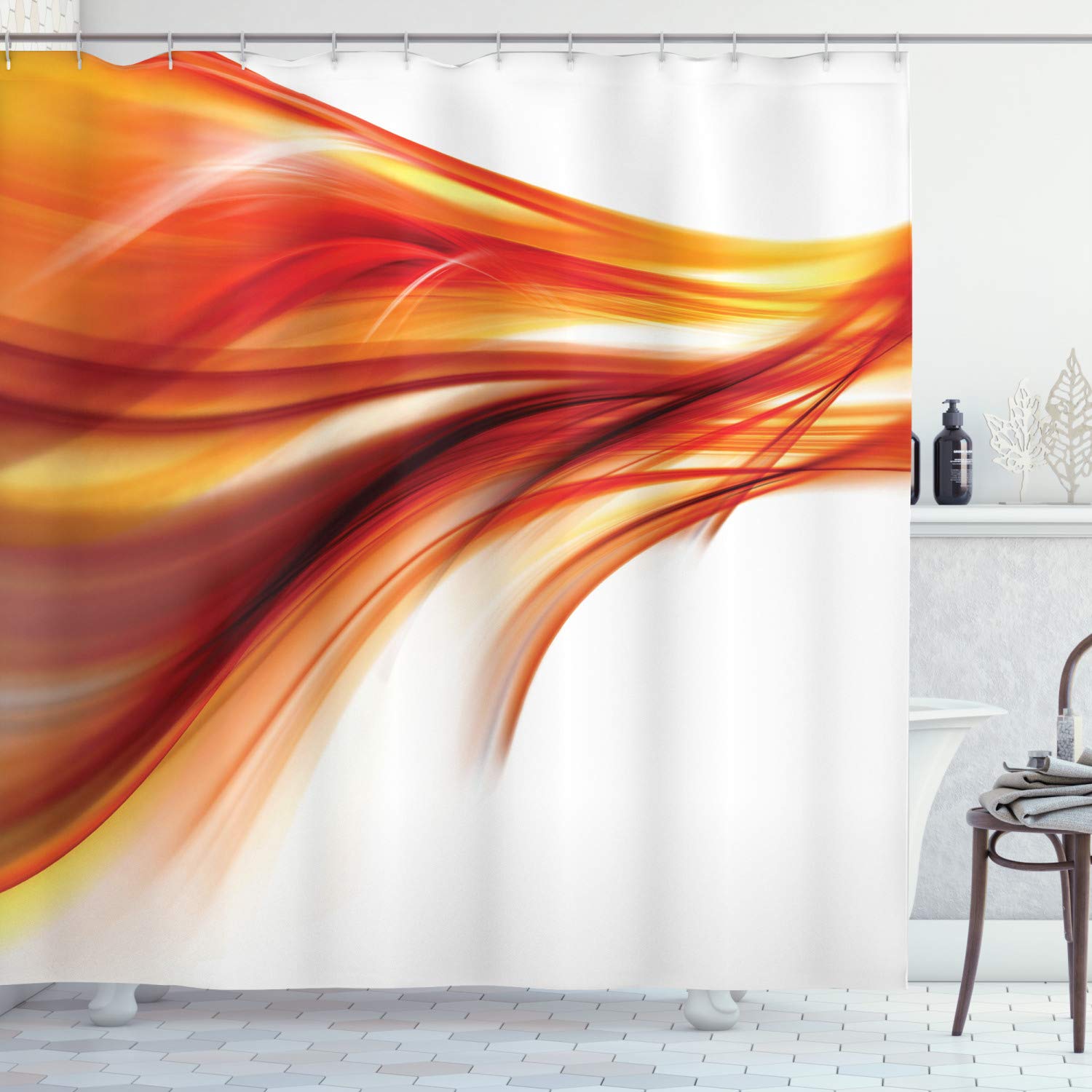 ABAKUHAUS Abstract Shower Curtain, Modern Contemporary Abstract Smooth Lines Blurred Smock Art Flowing Rays Print, Cloth Fabric Bathroom Decor Set with Hooks, 78 Inches, Orange Red