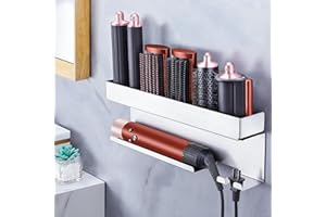 WAYASI Hair Dryer Holder Wall Mount Hair Tool Organizer, Stainless Steel Hair Dryer Straightener Holder, Bathroom Blow Dryer Holder, Adhesive Curling Iron Holder, Hairdryer Holder Storage