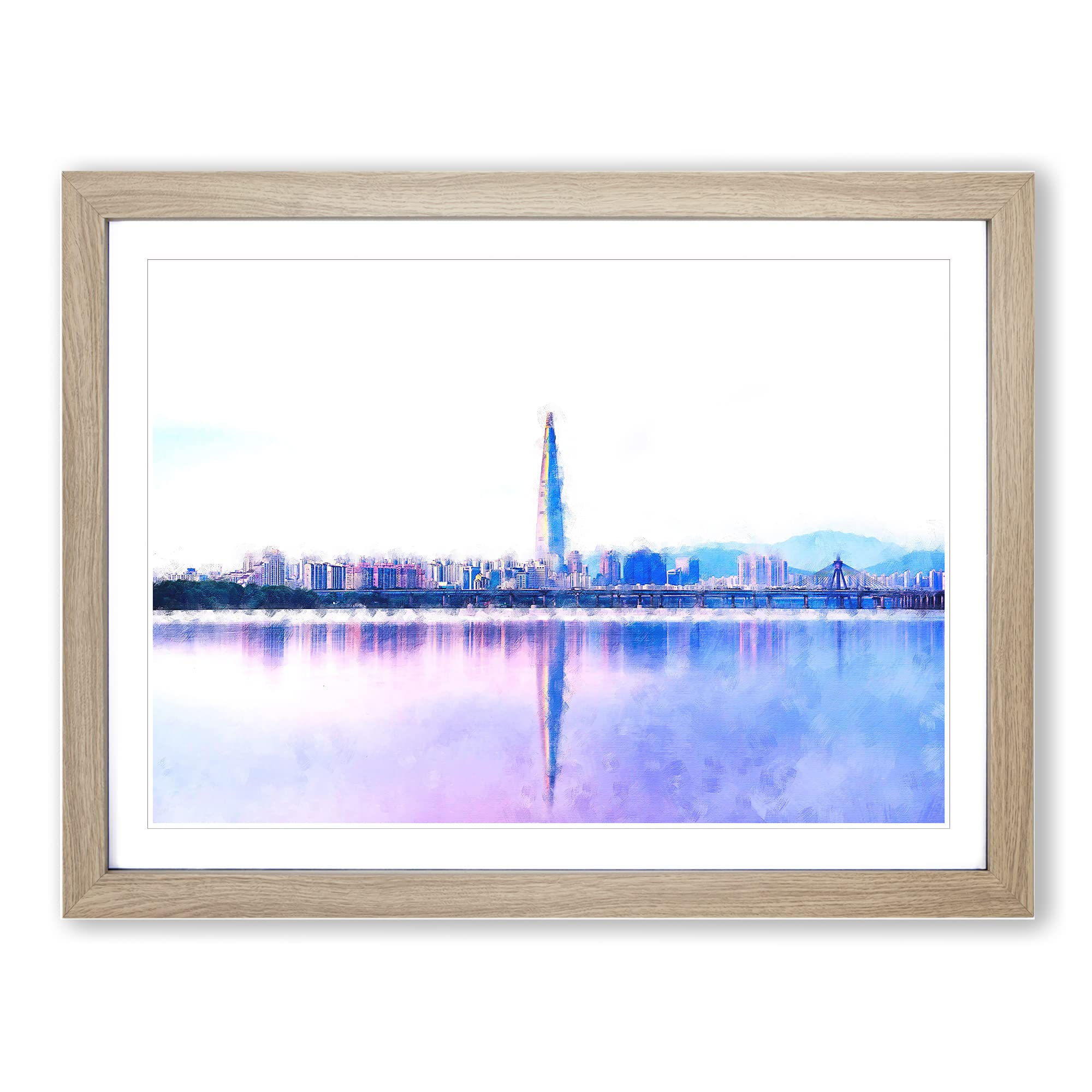 Seoul Skyline In South Korea Painting Modern Art Framed Wall Art Print, Ready to Hang Picture for Living Room Bedroom Home Office Décor, Oak A4 (34 x 25 cm)