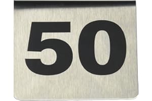 TableCraft T150 Number Tents, 1-50 Set, Stainless Steel, Double-Sided Table Number Signs, Durable and Easy-to-Read, 2.5" x 2.5" x 1.875", for Restaurants, Cafes, and Events