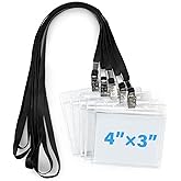 50 Pack Clear Plastic Horizontal Name Tag Badge Holder 4×3 Inches and 50 Pack Black Lanyard Waterproof Name Tag Holder with Lanyard for Adults Kids Office School