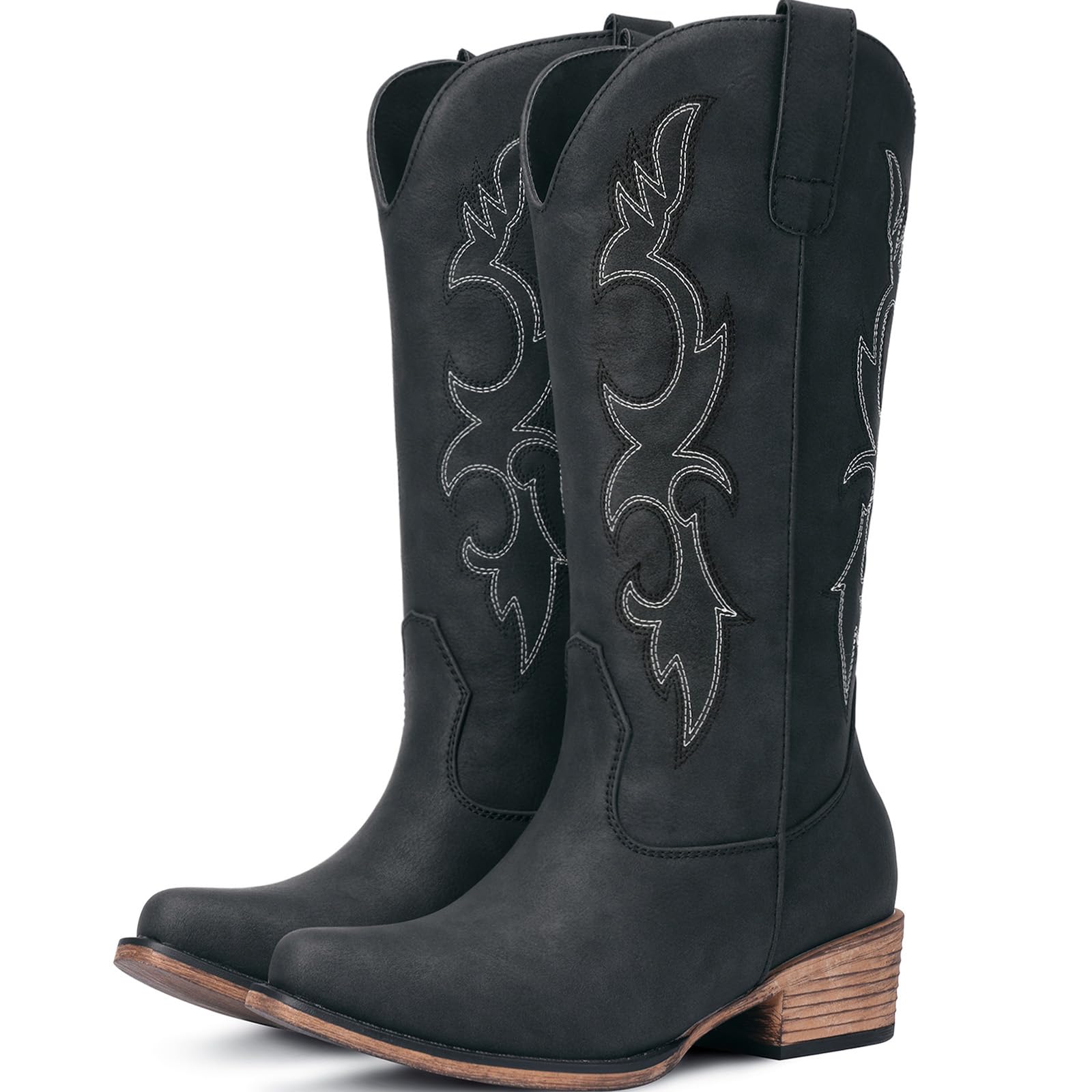 Choiran Matte Black Cowboy Boots for Women - Embroidered Cowgirl Boots Western Mid Calf Chunky Heel Pointed Toe Country Boot 7.5 Image