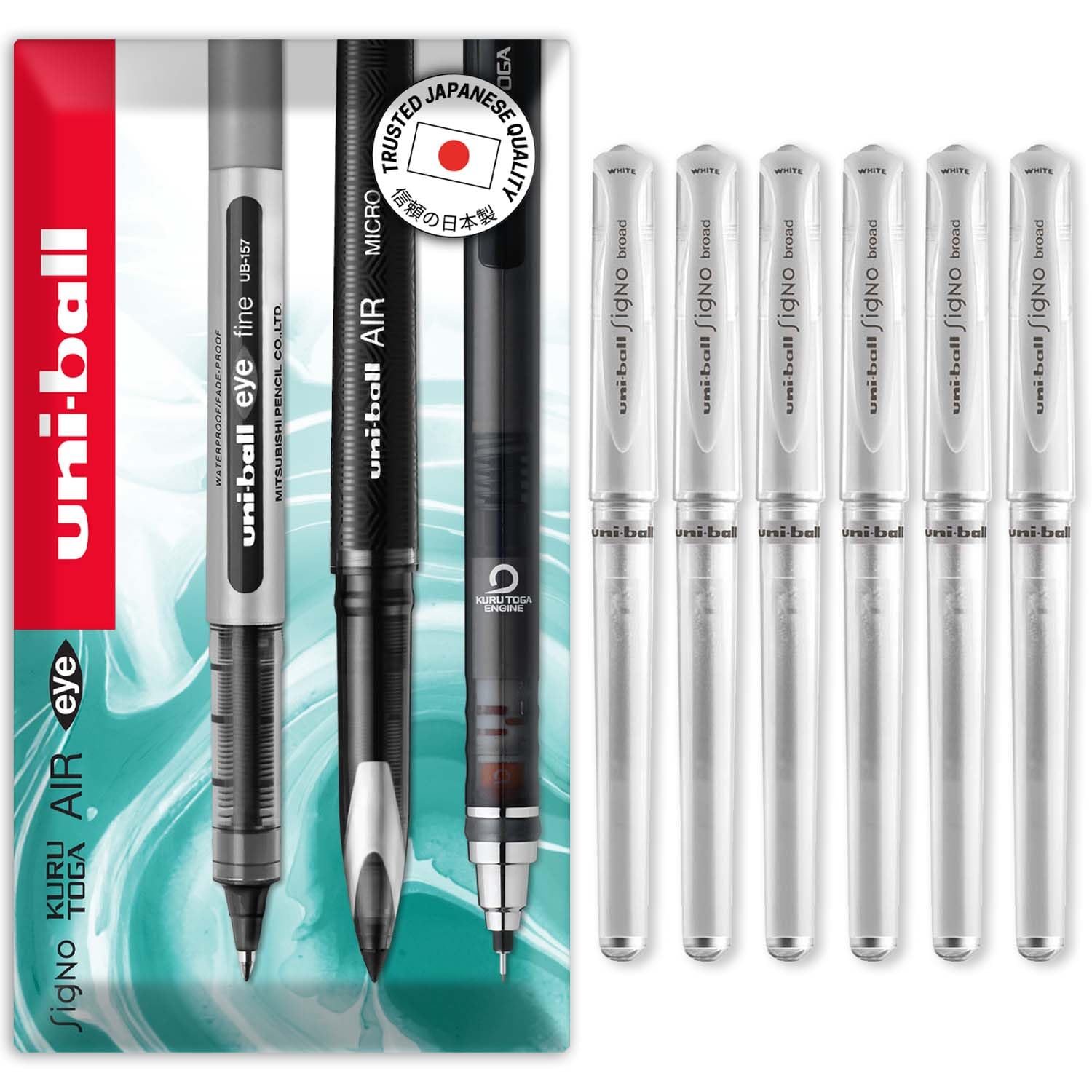 uni-ball Signo Pen - UM-153 Broad Metallic Gel Ink Rollerball - Metal 1.0mm Tip Nib - Rubber Grip - In Envelope Gift Packaging (Pack of 6, White)