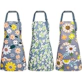 BOUMUSOE 3 Pack Floral Aprons with Pocket, Blooming Womens Aprons Waterproof Adjustable Cooking Aprons for Kitchen Gardening and Salon