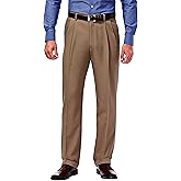 Haggar Men’s Hidden Expandable Waistband Classic Fit Pleated Front Gabardine Dress Pant