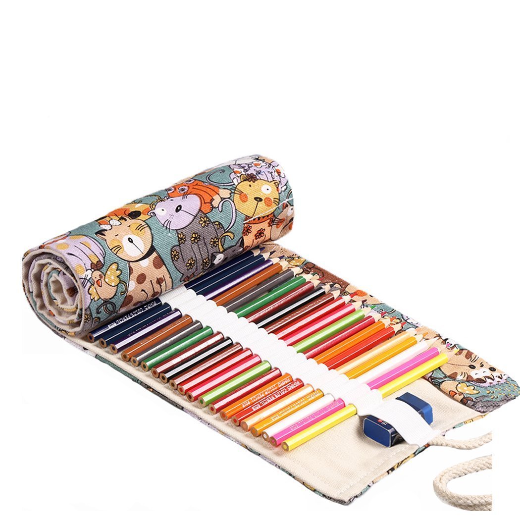 Amoyie Roll Up Pencil Case for 36 Coloured Pencils, Canvas Artist Wrap, Colouring Pens Holder, Cat Green