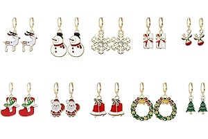 Just Follow 10 Pairs Christmas Hoop Huggie Earrings for Women Christmas Stud Earrings Christmas Trees Bells Snowflakes Earrings for Thanksgiving Xmas Holiday Jewelry