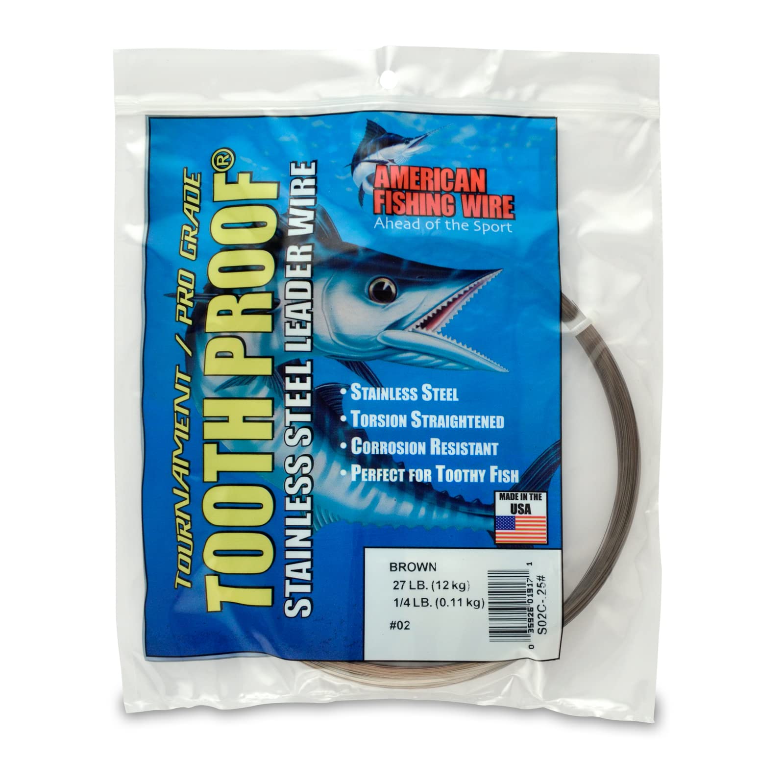 AFW American Fishing Wire Tooth Proof Stainless Steel Single Strand Leader Wire, Size 2, Camo Brown Color, 27 Pound Test, 1/4 Pound Coil