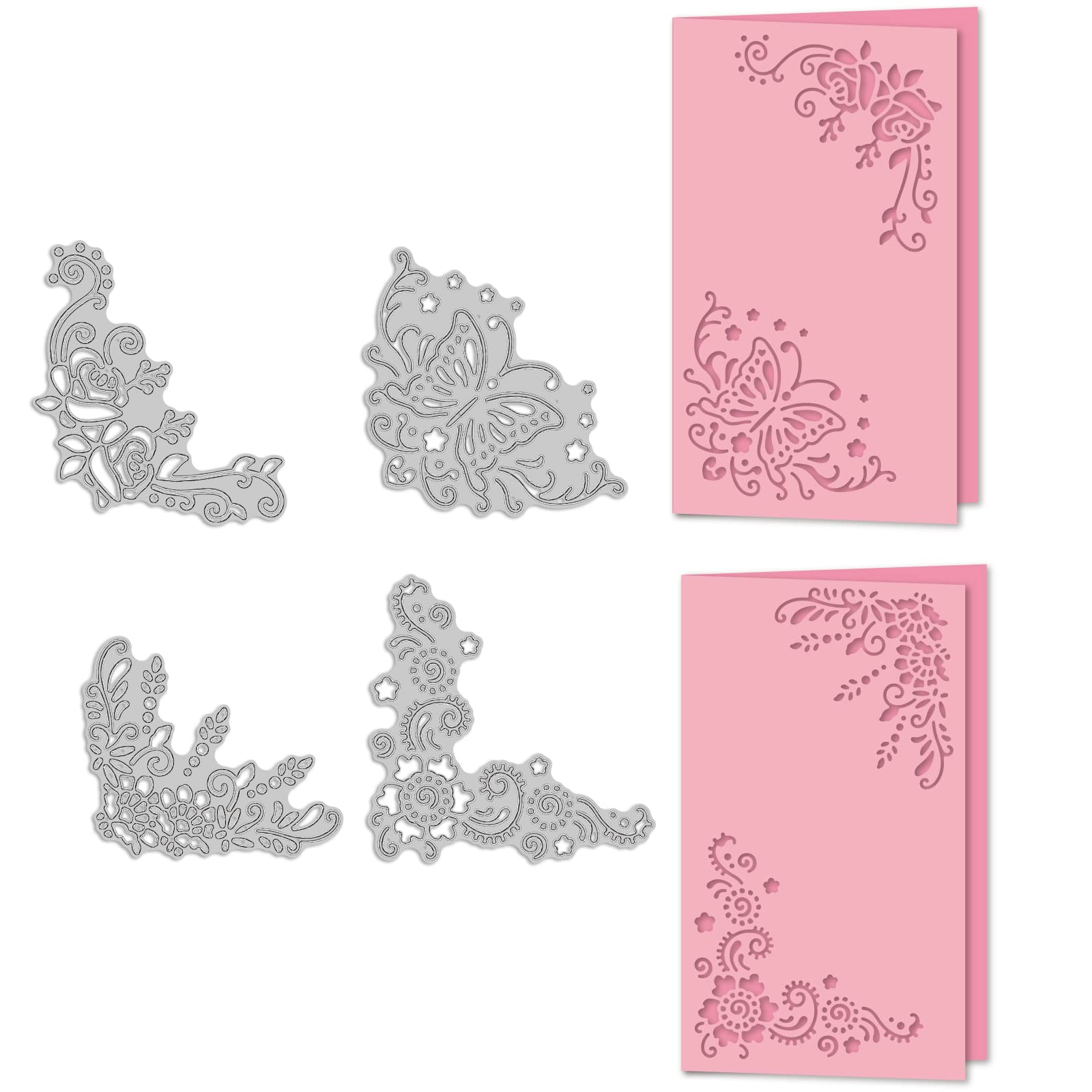 GLOBLELAND 4pcs Butterfly Flower Corner Lace Metal Cutting Dies Rose Cutting Dies Embossing Die Cuts Stencil for DIY Scrapbooking Card Making Album Decorative