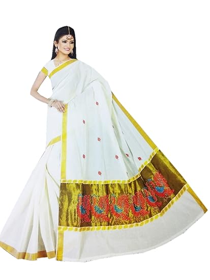 Womens Designer Cotton Kerala Traditional Saree with Golden Border