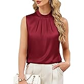 Funlingo Womens Satin Tank Tops Summer Sleeveless Mock Neck Dressy Blouses Pleated Work Shirts Business Casual Outfit