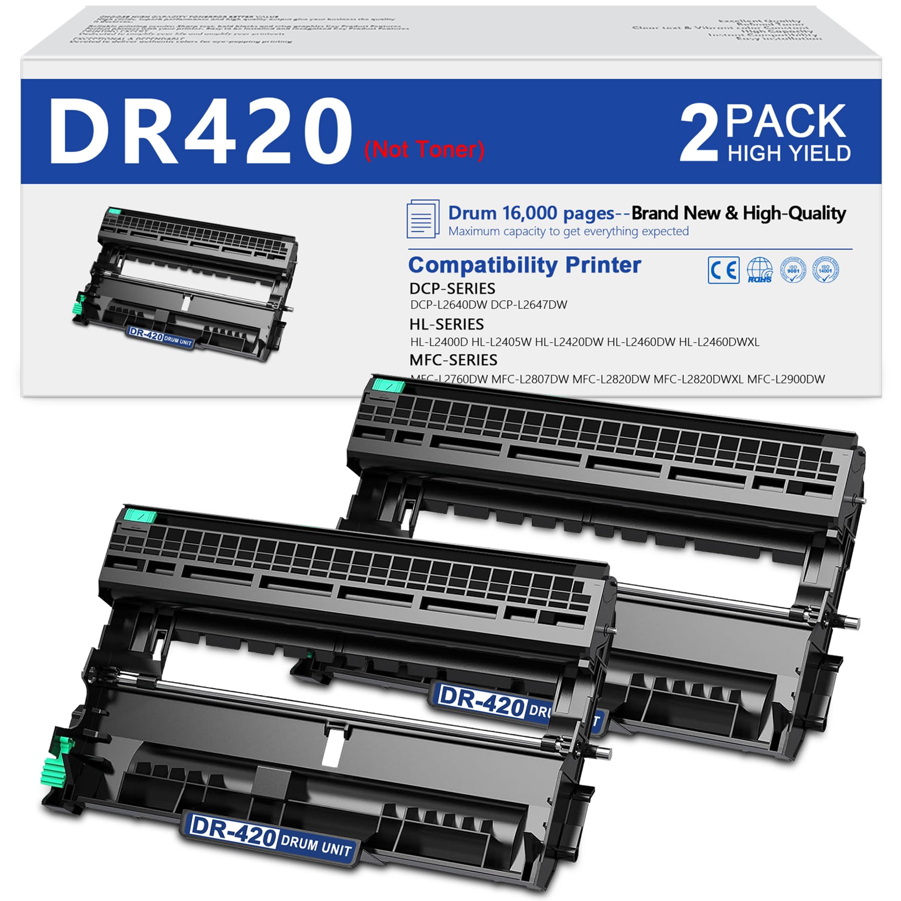 Photo 1 of DR420 Drum Unit (2 Pack, NOT Toner) Replacement for Brother DR420 DR-420 to use with HL-2240 HL-2270DW HL-2280DW HL-2230 MFC-7360N MFC-7860DW DCP-7065DN Intellifax 2840 2940 Printer, Black