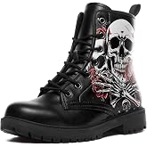 coolcustomize Custom Black Combat Boots for Women Fashion Lace-Up Skull Rose Ankle Booties Chunky Heel Platform Leather Boots