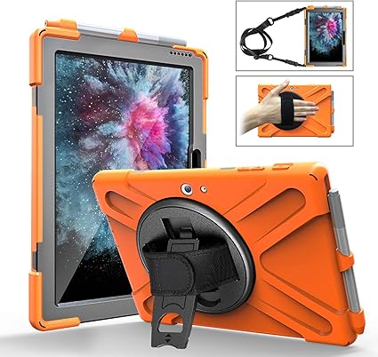 Amazon Microsoft Surface Pro 4 Pro 5 Pro 6 ケース 新型 ドカバー Tiodio 保護ケース シリコン 耐衝撃 360度回転 ショルダー スタンド ハンドホルダー ストラップ 防塵 頑丈 片手 全面保護 落下防止 キッズ 子供 タブレットケース カバー オレンジ