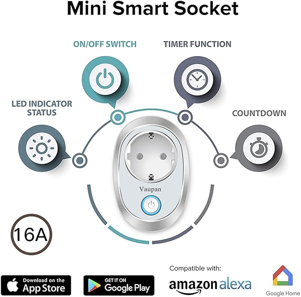 Vaupan   Mini enchufe WiFi compatible con Alexa Google Home e IFTTT 16 A mando a distancia con funcin de temporizador no requiere hub solo soporta red de 24 GHz
