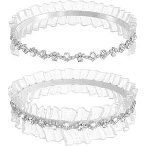 Andibro 2 Pcs Wedding Rhinestone Garter for Bride, White Lace Garters with Stretchy Band Bridal Thigh Garter for Women