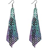 coadipress Metal Mesh Grid Sequins Tassel Long Drop Dangle Earrings for Women Trendy Lightweight Charms Disco Vintage Colorful Long Hook Earrings Bridal Wedding Jewelry