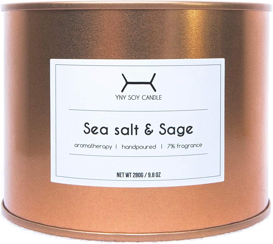 Sage & Sea Salt Scented Candle 40hr | Aromatherapy Candle | Handmade Eco-Friendly No-Smoke SOY WAX | 7% LONG-LASTING Fragrance | Relaxing Scent For Night Routine | Classy Solid Copper Tin|Gift For Her