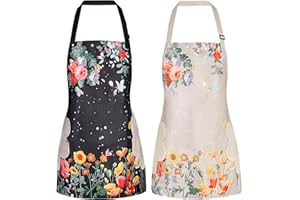 DILLMAN 2 Pack Floral Aprons with Pocket Blooming Womens Waterproof Adjustable Cooking Aprons Kitchen Gardening Salon