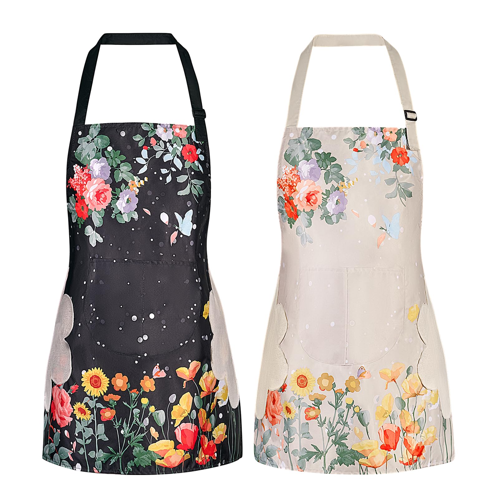 DILLMAN 2 Pack Floral Aprons with Pocket, Blooming Womens Aprons Waterproof Adjustable Cooking Aprons for Kitchen Gardening and Salon (2Pack #A)