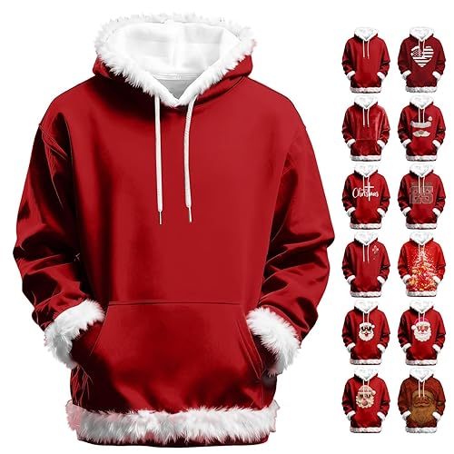 Christmas Hoodies Women Men Fuzzy Faux Fur Trim Xmas Sweatshirt Unisex Holiday Party Sport Pullover Red Hoody Long Sleeve Top, #A01-Red, XL