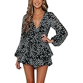Relipop Womens Floral Print Romper V Neck Long Sleeve Double Layer Ruffle Hem Shorts Jumpsuit 2026 Beach Vacation Outfits