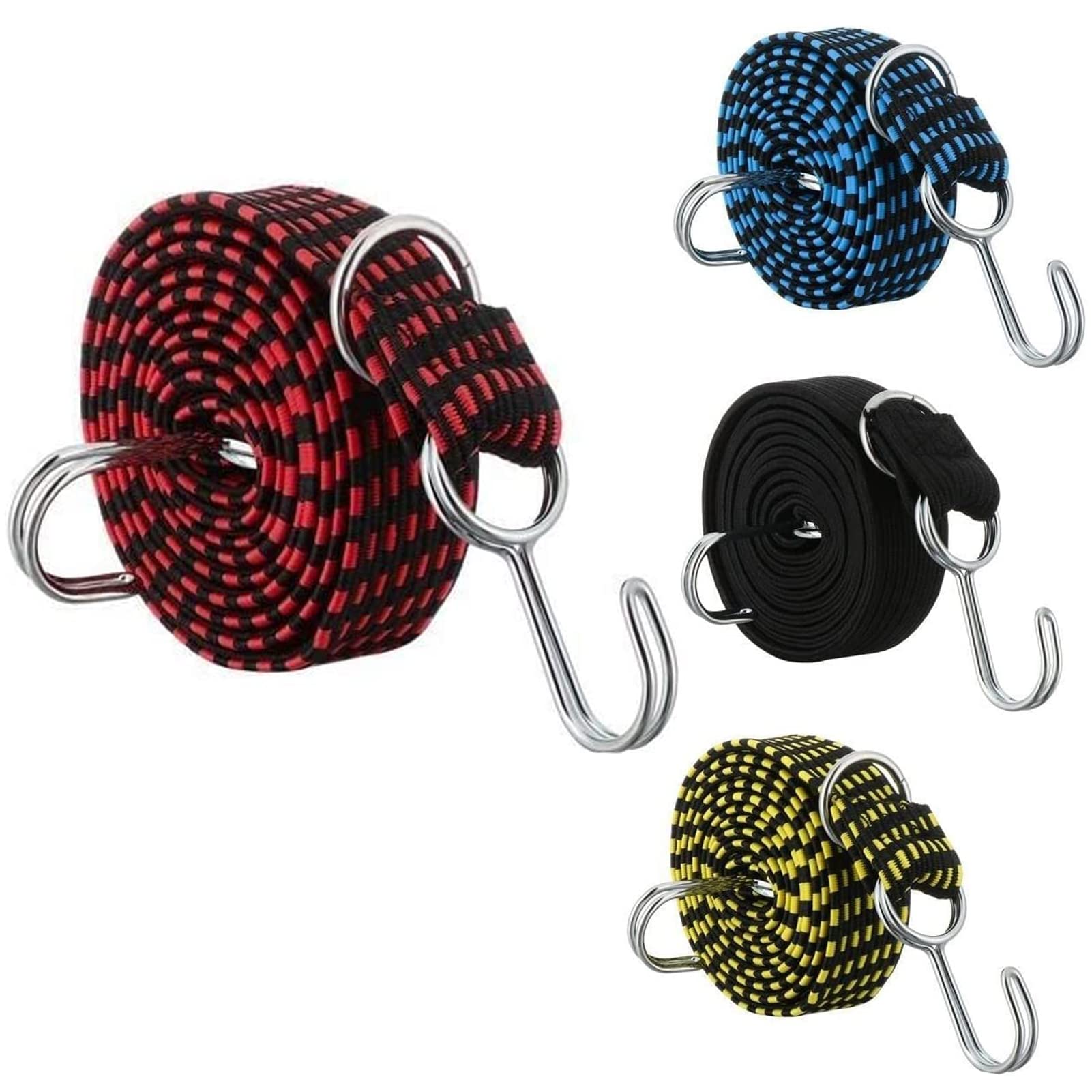 PAKEY Bungee Cords with Hooks Heavy Duty Elastic Luggage Straps 4 Pack Strap Tarpaulin Fixings Rubber Nylon Cords for Bike Trucks Trailer and Camping, Multi-coloured