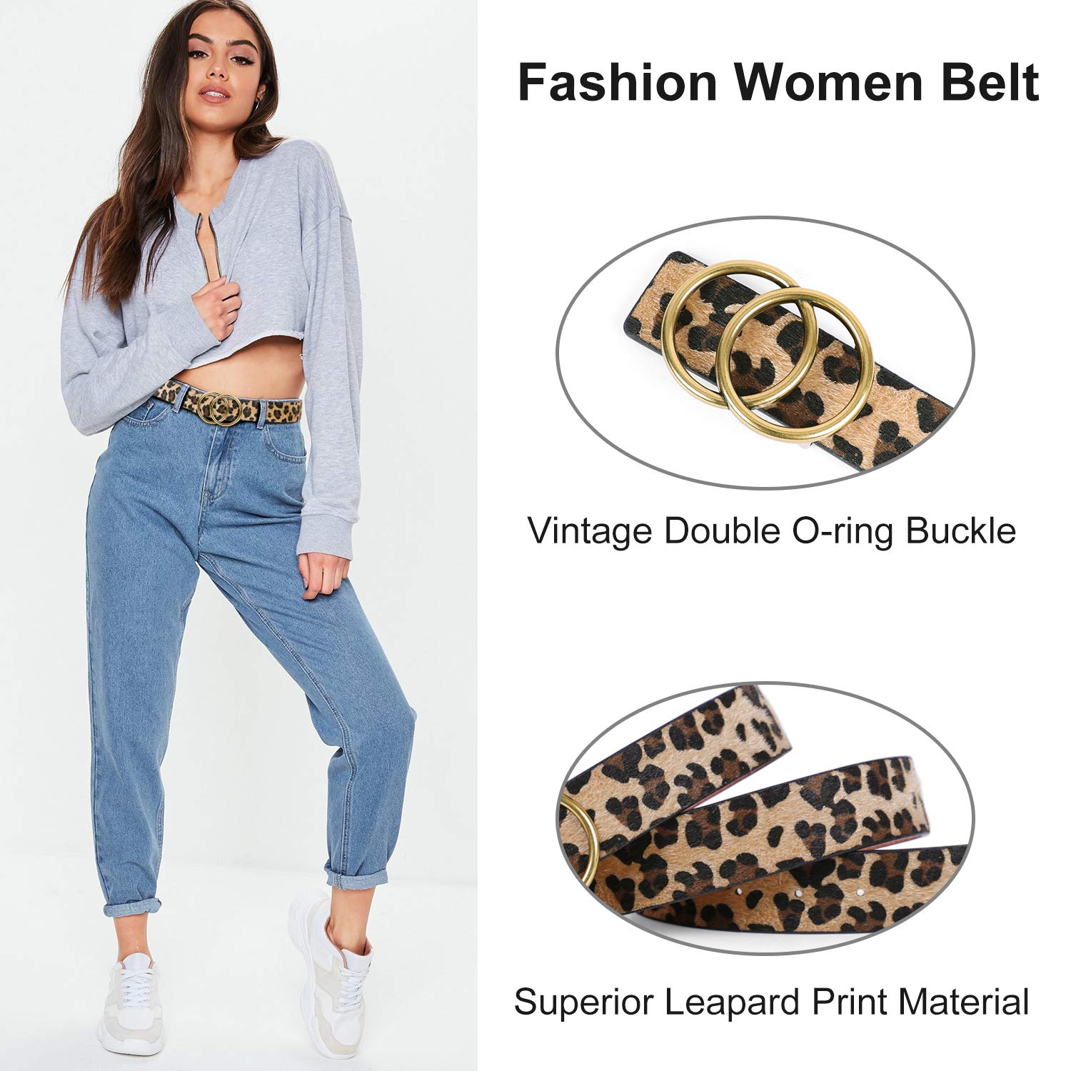 2 Pack Women Leather Belts for Jeans Pants,WERFORU Ladies Plus Size Waist Belts with Double O-Ring Buckle,Suit for Pants Size 26-30 Inches,Black+Leopard