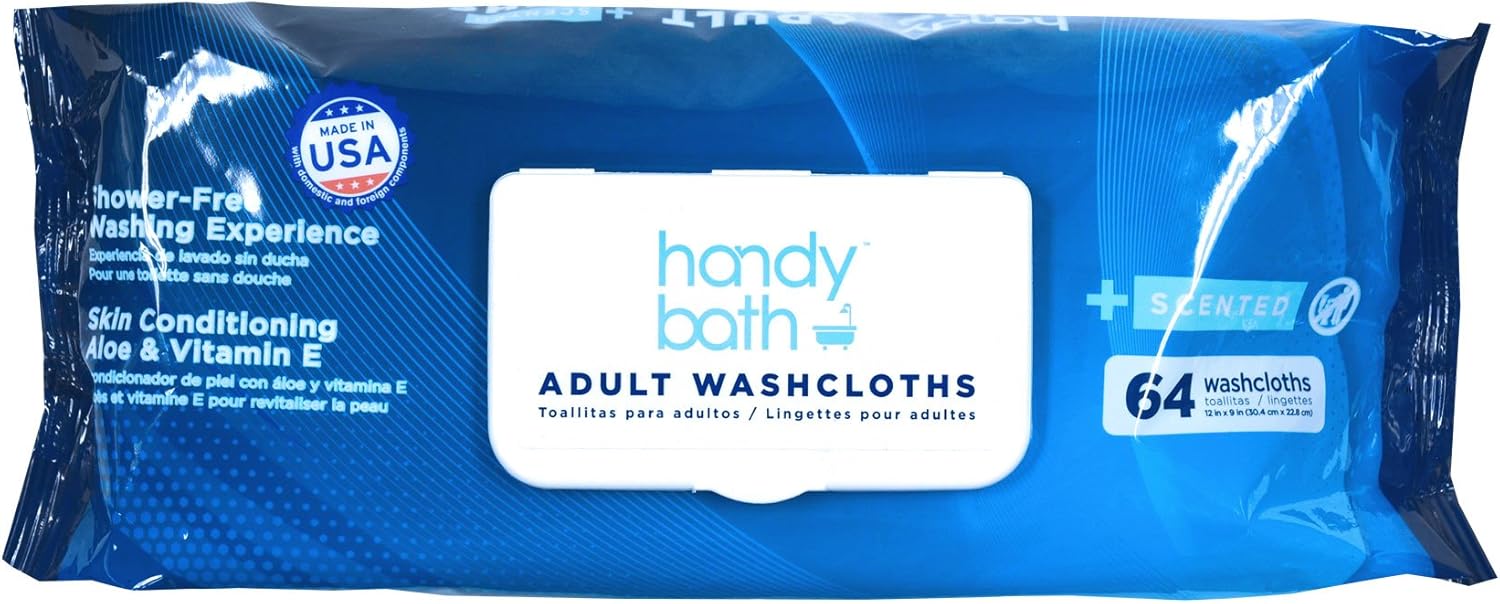 Handybath Adult Washcloths Single Pack Containing 64 Count Unscented 12X9” Thick And Durable Wipes Made With Aloe And Chamomile To Keep Skin Smooth Perfect For Senior Care or Outdoor Events: Health & Personal Care