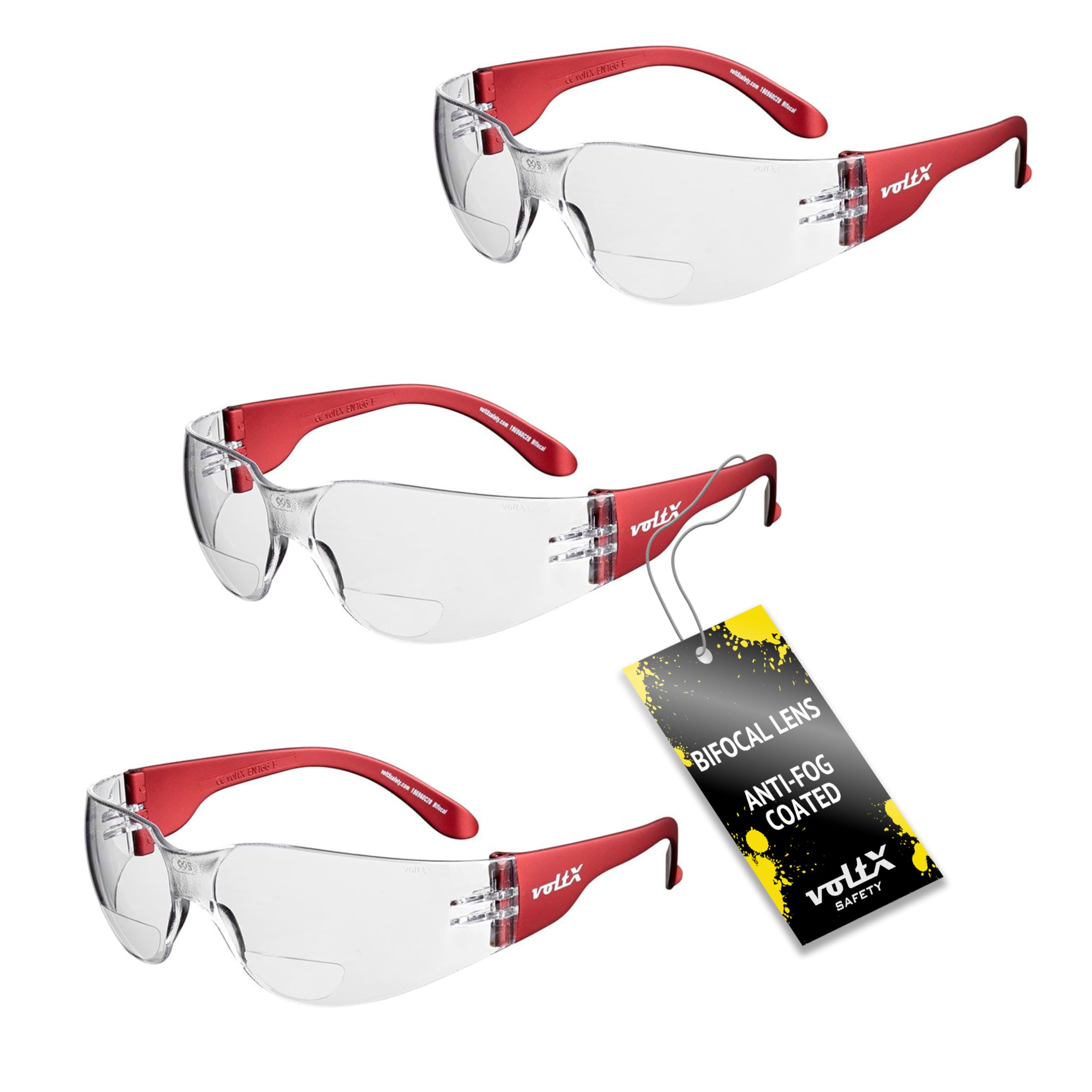 voltX 3 x GRAFTER’ Bifocal Lightweight Industrial Reading Safety Glasses, UKCA & CE EN166f Certified/Cycling Safety Glasses (Clear Lens +3.0) + UV400 anti fog coated lens