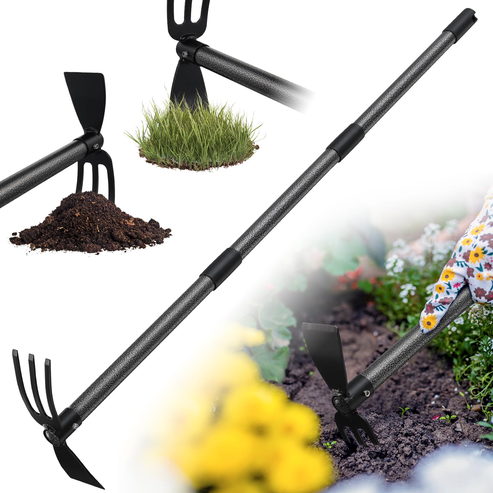 Photo 1 of 2-in-1 Garden Hoe Tool with Cultivator Rake, 45" Long Handle Small weed Hoe for Weeding, Heavy Duty hand tiller Gardening Hoes for Raised Beds, Backyards,Indoor Greenhouse, Outdoor Planting