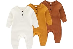 IADOER Newborn Baby Boys Girls One Piece Romper With Mitten Cuffs 3 Pack Long Sleeve Ribbed Button Jumpsuit Outfit Clothes
