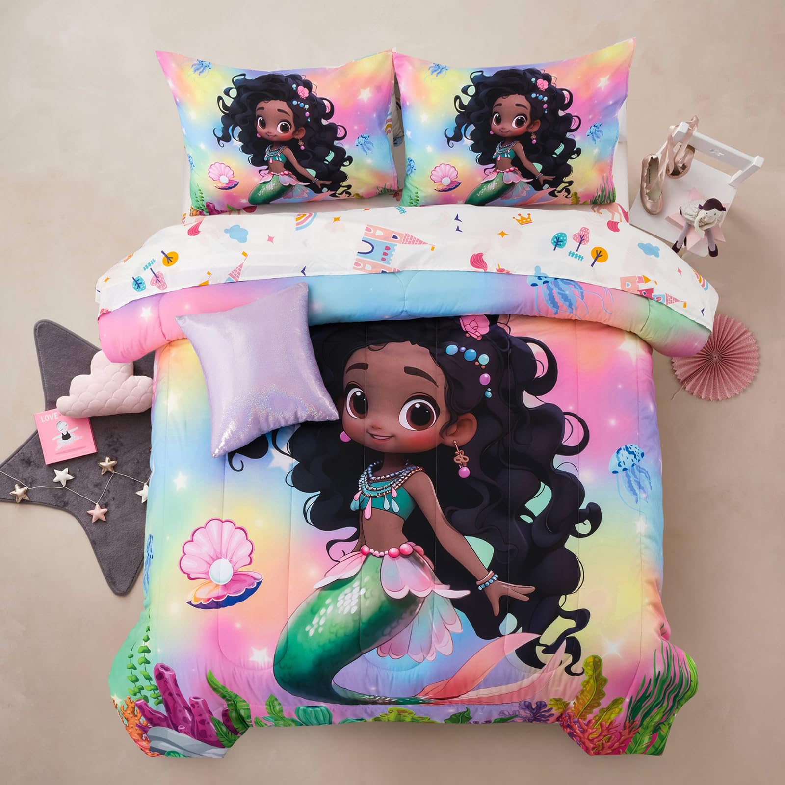 A Nice Night 6pcs Comforter Set,Black Girl Princess Mermaid with Green Tail Printed,Pink Gradient Glitter Rainbow Background Kids Bedding Set,Full Image