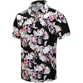 SheLucki Hawaiian Shirt for Men, Unisex Summer Beach Casual Short Sleeve Button Down Shirts, Printed Palmshadow Clothing