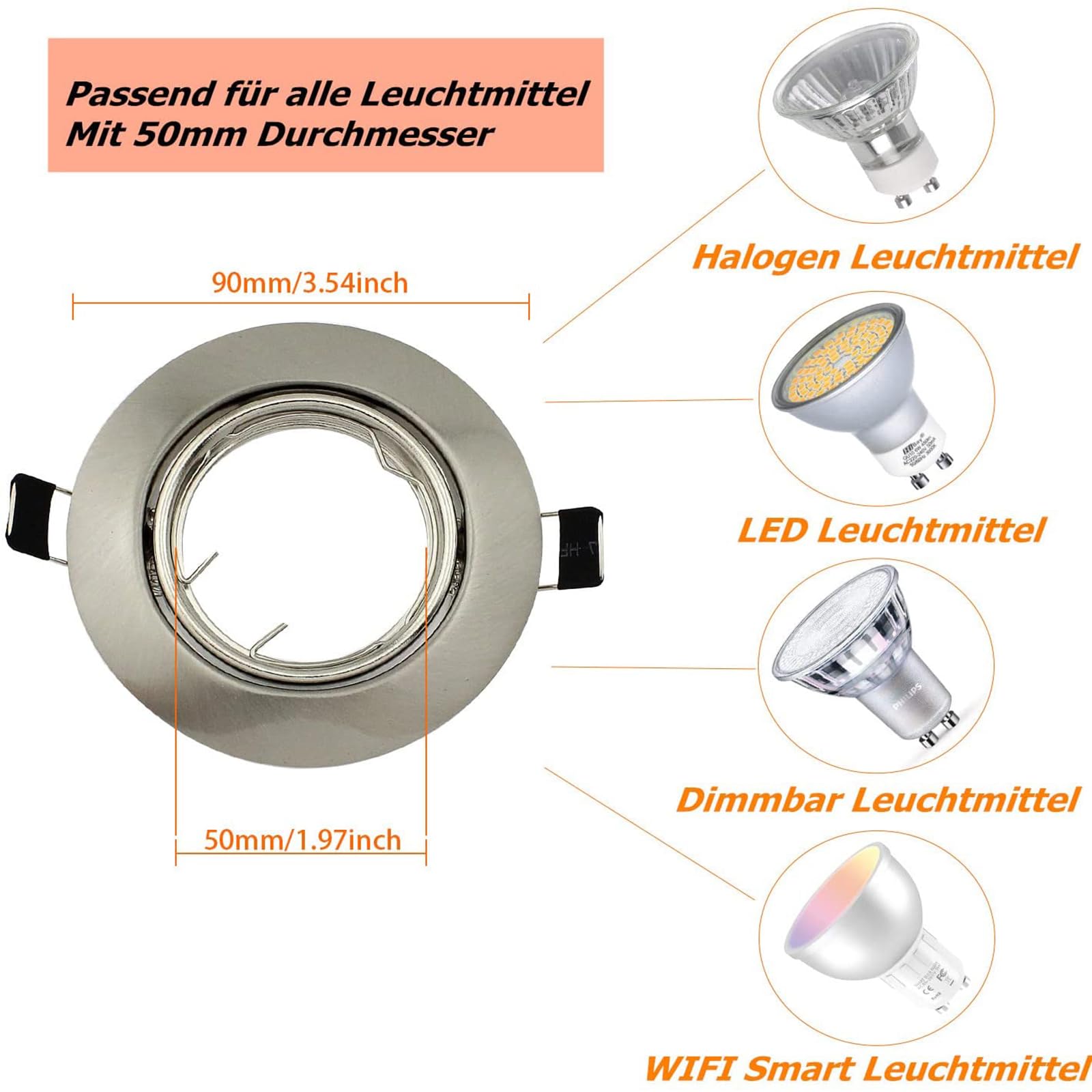 10er LED Einbaustrahler GU10 Set Einbaurahmen Rund Einbauleuchten 68mm Deckenspots Edelstahl Gebürstet Optik Inkl. GU10 Fassung für LED oder Halogen Leuchtmittel, 30° Schwenkbar 3