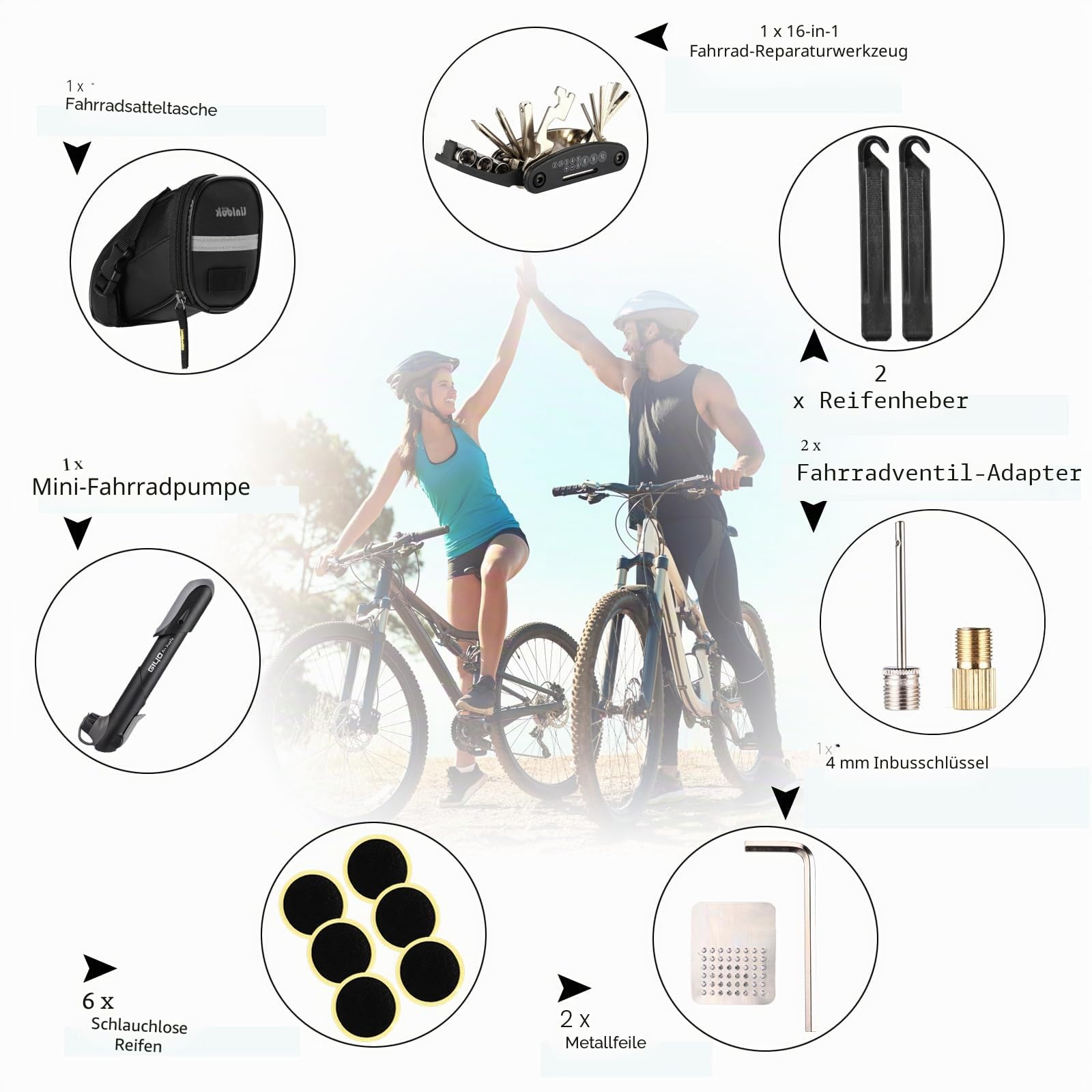 Fahrrad Satteltasche Reparatur Set und Werkzeuge - Unterwegs Fahhradtasche und Notfallwerkzeug Flickzeug mit 16-in-1 Fahrrad Multitools, Fahrradpumpe, Reifenheber, Leimfreie Reifen,Fahrradventil 7