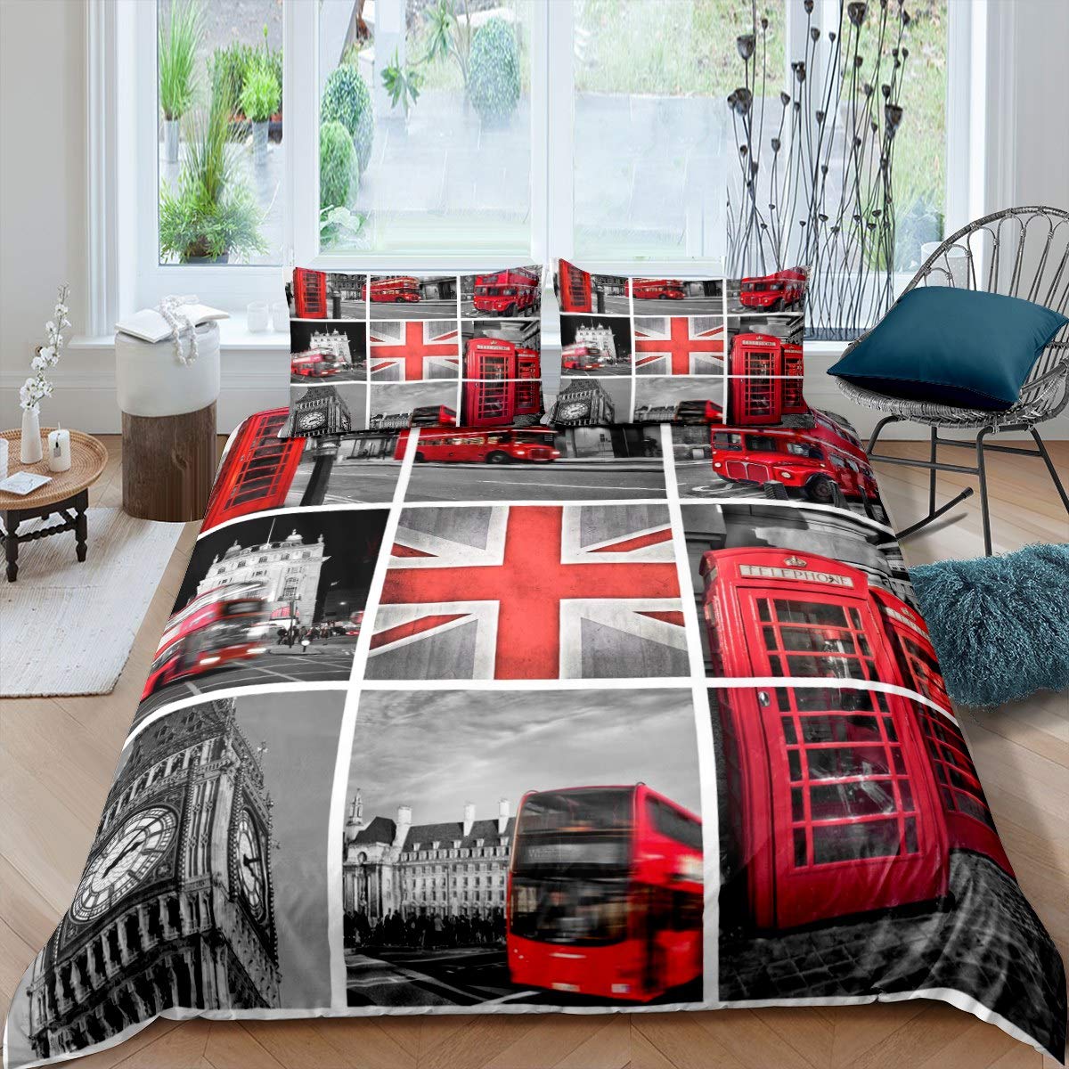 Loussiesd Girls Big Ben Comforter Cover For Kids Women Men Red Gray London Uk Theme Bedding Set Famous Telephone Booth Duvet Cover Retro England Bus Bedspread Room Decor Bedclothes Super King
