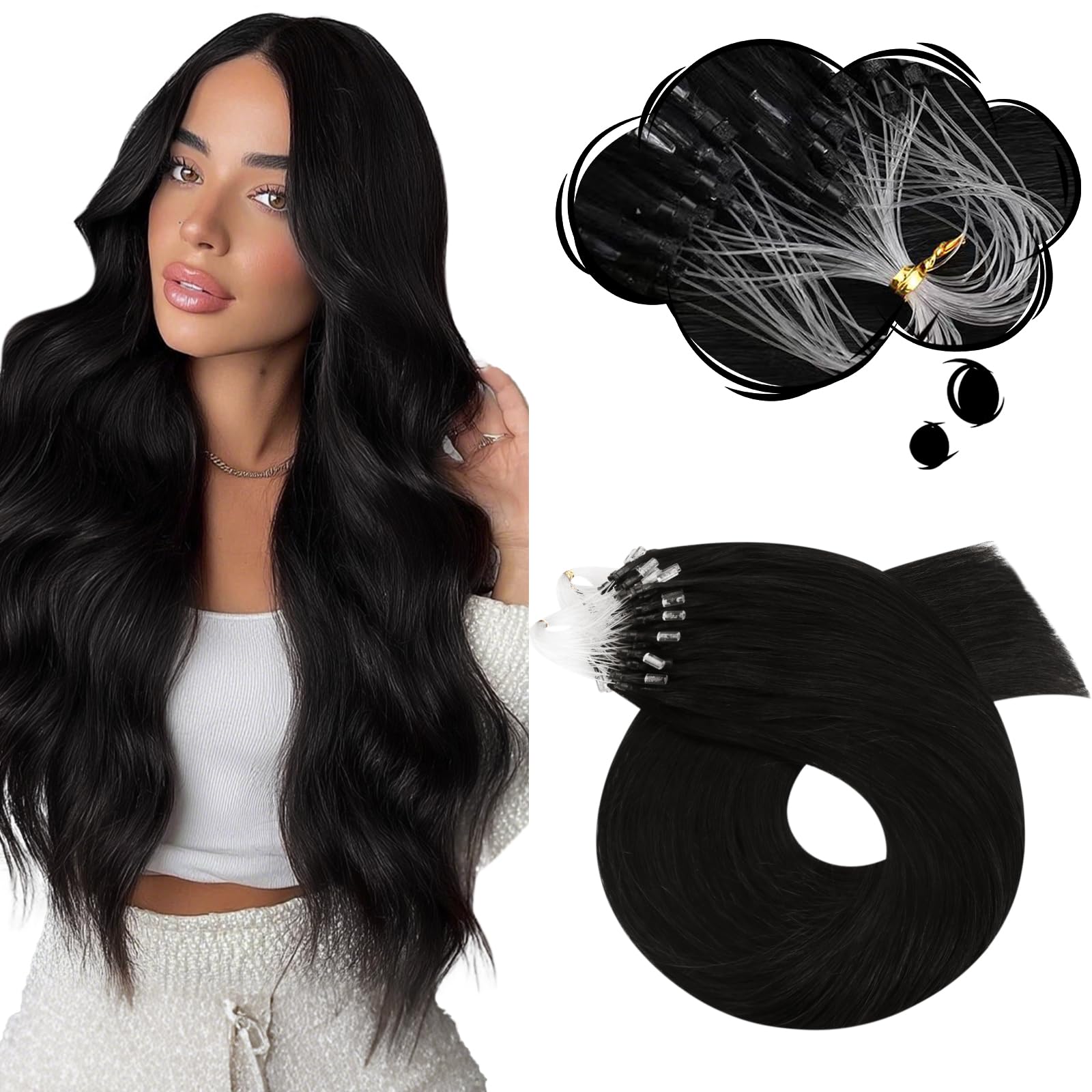 Moresoo Micro Loop Hair Extensions Real Human Hair 22 Inch Off Black Micro Beads Human Hair Extensions Black Real Remy Straight Hair 1g/s 50g/Pack #1B