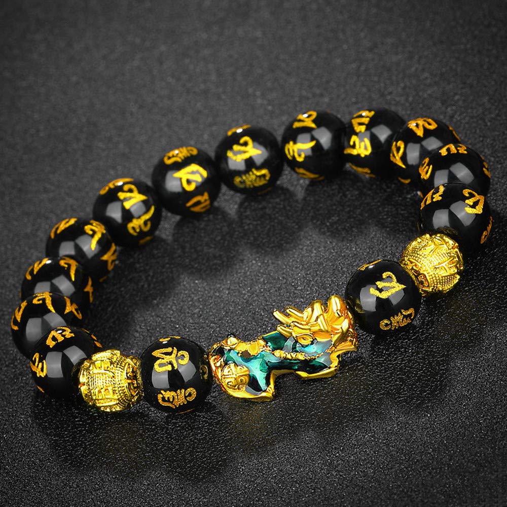 Feng Shui Prosperity 10mm Hand Carved Mantra Bead Bracelet with Color Changed Pi Xiu/Pi Yao Attract Wealth and Good Luck