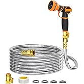 Giraffe Tools Garden Hose 50ft x 5/8", 304 Stainless Steel Metal Water Hose, No Kink Garden Water Hose with 9 Pattern Spray Nozzle, Flexible, Lightweight, Kink Free Hose for Yard, Outdoor