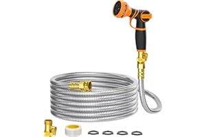 Giraffe Tools Garden Hose 50ft x 5/8", 304 Stainless Steel Metal Water Hose, No Kink Garden Water Hose with 9 Pattern Spray Nozzle, Flexible, Lightweight, Kink Free Hose for Yard, Outdoor