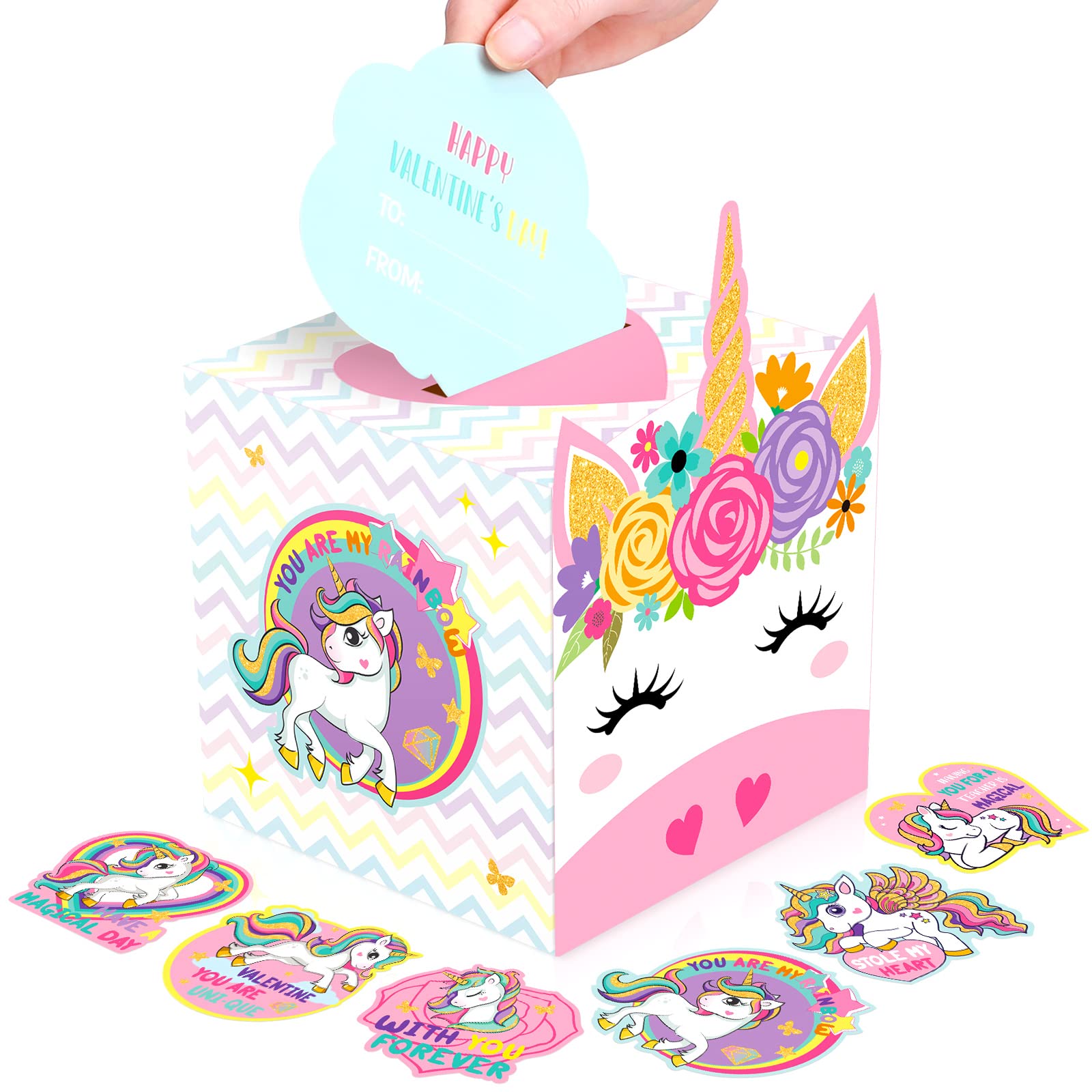 Zonon 36 Pcs Valentine's Day Boxes for Kids Unicorn Valentine's Day Cards and Mailbox Kids Exchange Gift for Boys Girls Party Supplies (1 Box, 35 Card)